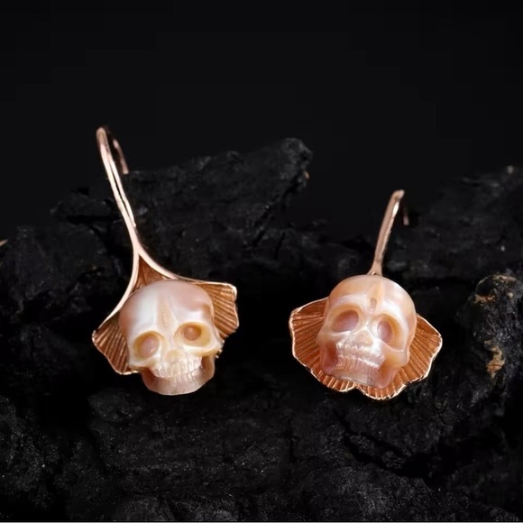 3 For $35 Hand Carved Skull On Copper Leaf Hook Dangle Earrings - Picture 1 of 7